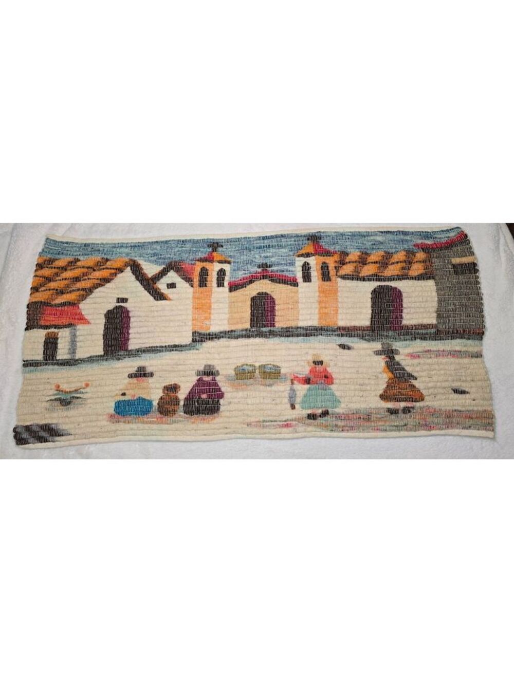 Vintage Peruvian Folk Art Wool Tapestry 36” Hand Woven Coiled Village Wall Art